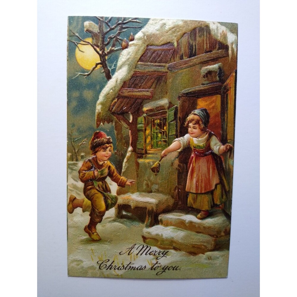 Vintage German Embossed Glitter Christmas Postcard - Children Snowy Cottage Moon